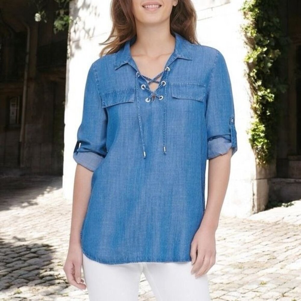 NEW Calvin Klein Chambray Tie Front Three Quarter Tab Sleeve Blouse Capsule S